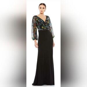 Mac Duggal EMBROIDERED ILLUSION PUFF SLEEVE COLUMN GOWN NWT size 14 black (79379